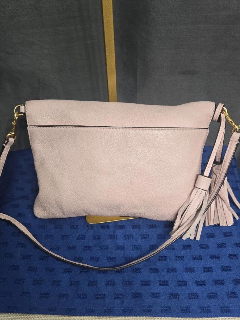 Tory Burch Light Pink McGraw Foldover Pebbled Leather Crossbody with Tassel